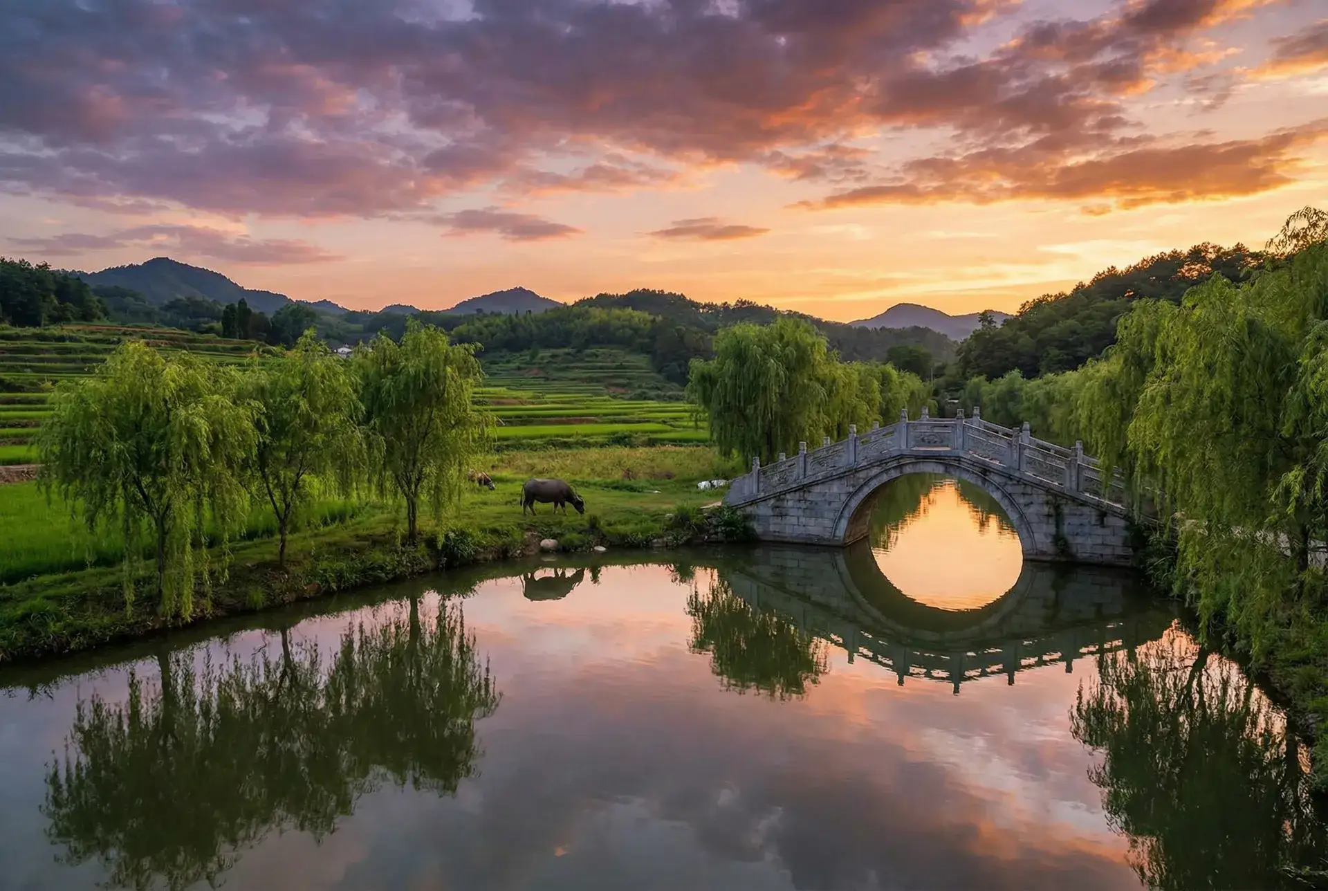 夕阳下的石拱桥与垂柳，水牛在河边吃草 - 国产VPSWINDOWS精品 乡村美景