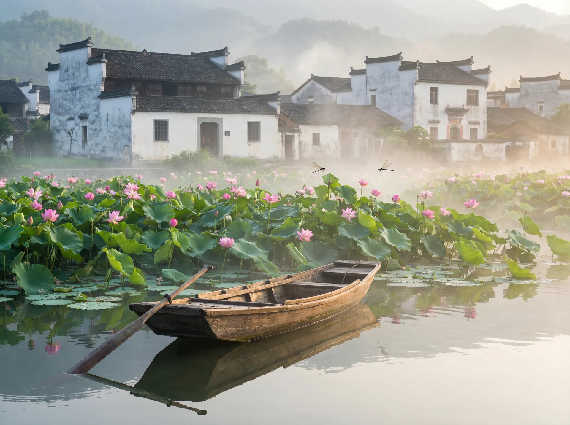清晨荷塘小舟，粉色荷花盛开，白墙黑瓦的村庄 - 国产VPSWINDOWS精品 水乡风情